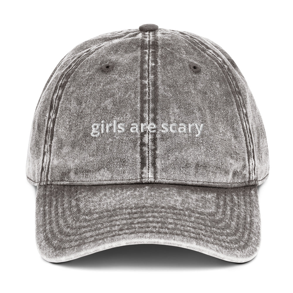 Gray Girls Are Scary Hat - Everybody knows that dad caps are no longer just for dads, so get an embroidered cotton twill cap for yourself! This one's really special thanks to the intricate embroidery detail and the washed out vintage feel.