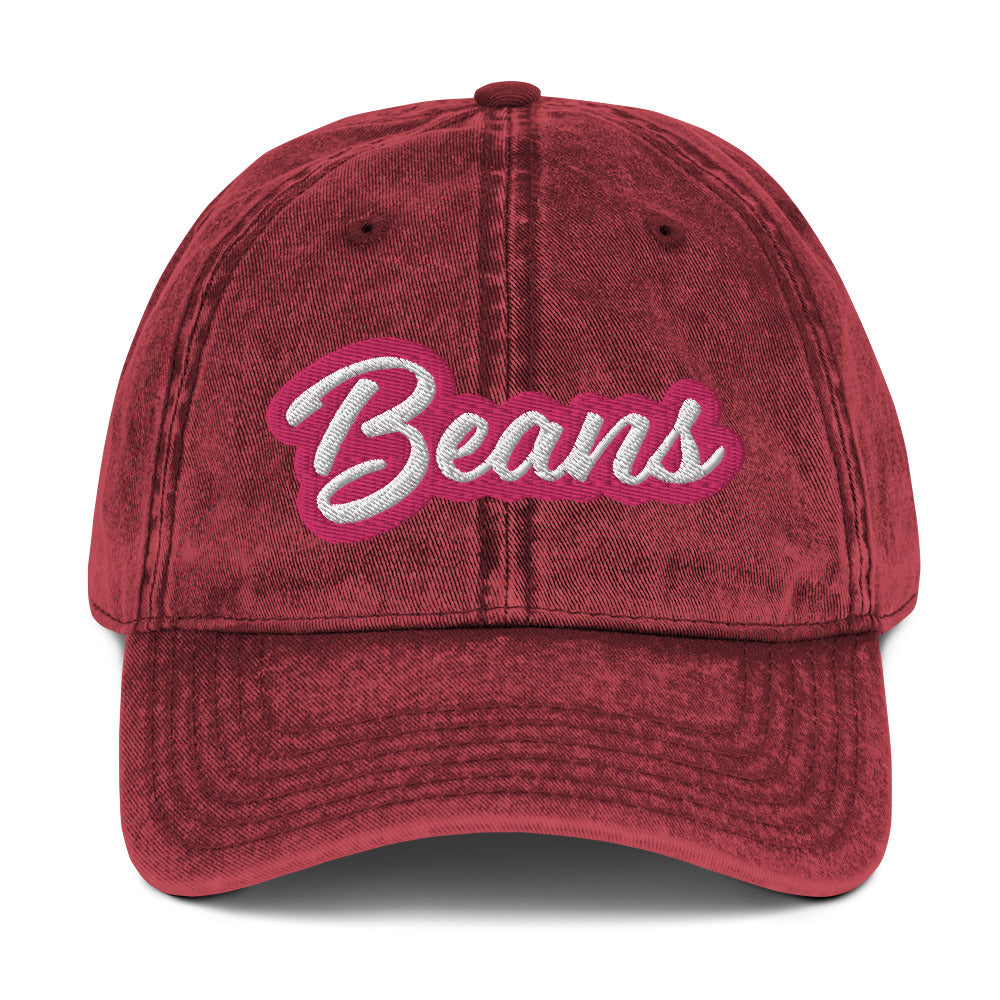 Red beans hat - This Beans dad hat is comfortable, adjustable and is made just for you. It's a classic unstructured hat with the word "Beans" embroidered on the front in pink and white. This vintage-style bean enthusiast dad hat for foodies and bean lovers. It comes in a variety of stylish faded colors and is the perfect weird gift.