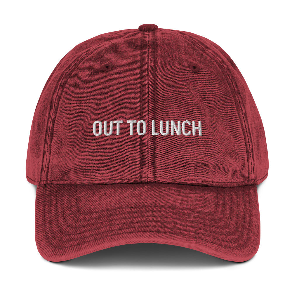 Maroon out to lunch dad hat from Nina's Funky Shop by ninanush - Stand out in this vintage style dad hat for foodies, lunch enthusiasts and beyond. It has an adjustable closure and comes in a variety of colors with a the words "out to lunch" expertly embroidered on the front. Eat lunch and live your best life in this comfortable hat, designed by Nina, and made just for you.