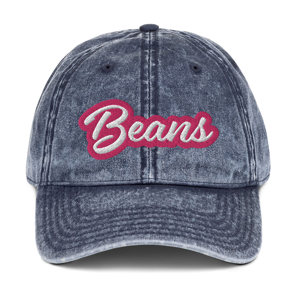 Blue beans dad hat - This Beans dad hat is comfortable, adjustable and is made just for you. It's a classic unstructured hat with the word "Beans" embroidered on the front in pink and white. This vintage-style bean enthusiast dad hat for foodies and bean lovers. It comes in a variety of stylish faded colors and is the perfect weird gift.