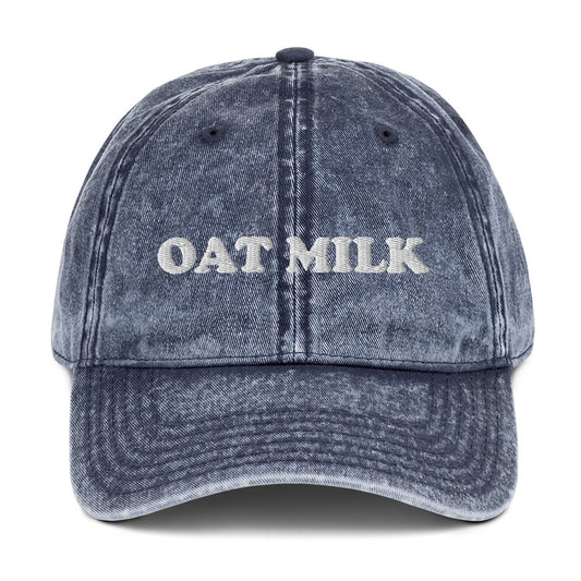Navy Oat Milk Hat - Love oat milk? Looking for a funny gift? This Oat Milk Hat is comfortable, has an adjustable closure, and comes in a variety of colors with a funny food design, expertly embroidered on the front. The perfect hat for oat milk enthusiasts and foodies of all kinds.
