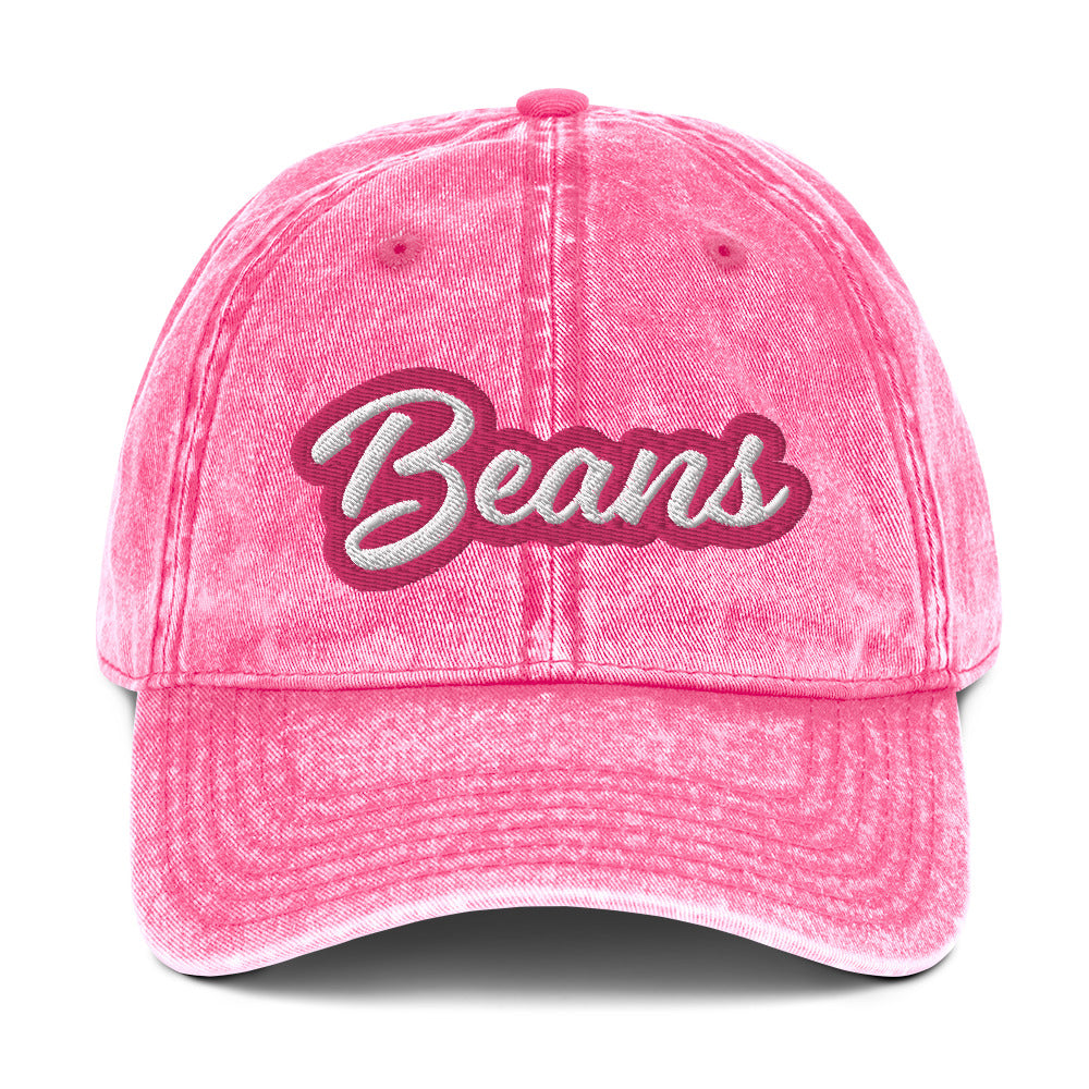 Barbie pink dad hat for bean lovers - This Beans dad hat is comfortable, adjustable and is made just for you. It's a classic unstructured hat with the word "Beans" embroidered on the front in pink and white. This vintage-style bean enthusiast dad hat for foodies and bean lovers. It comes in a variety of stylish faded colors and is the perfect weird gift.