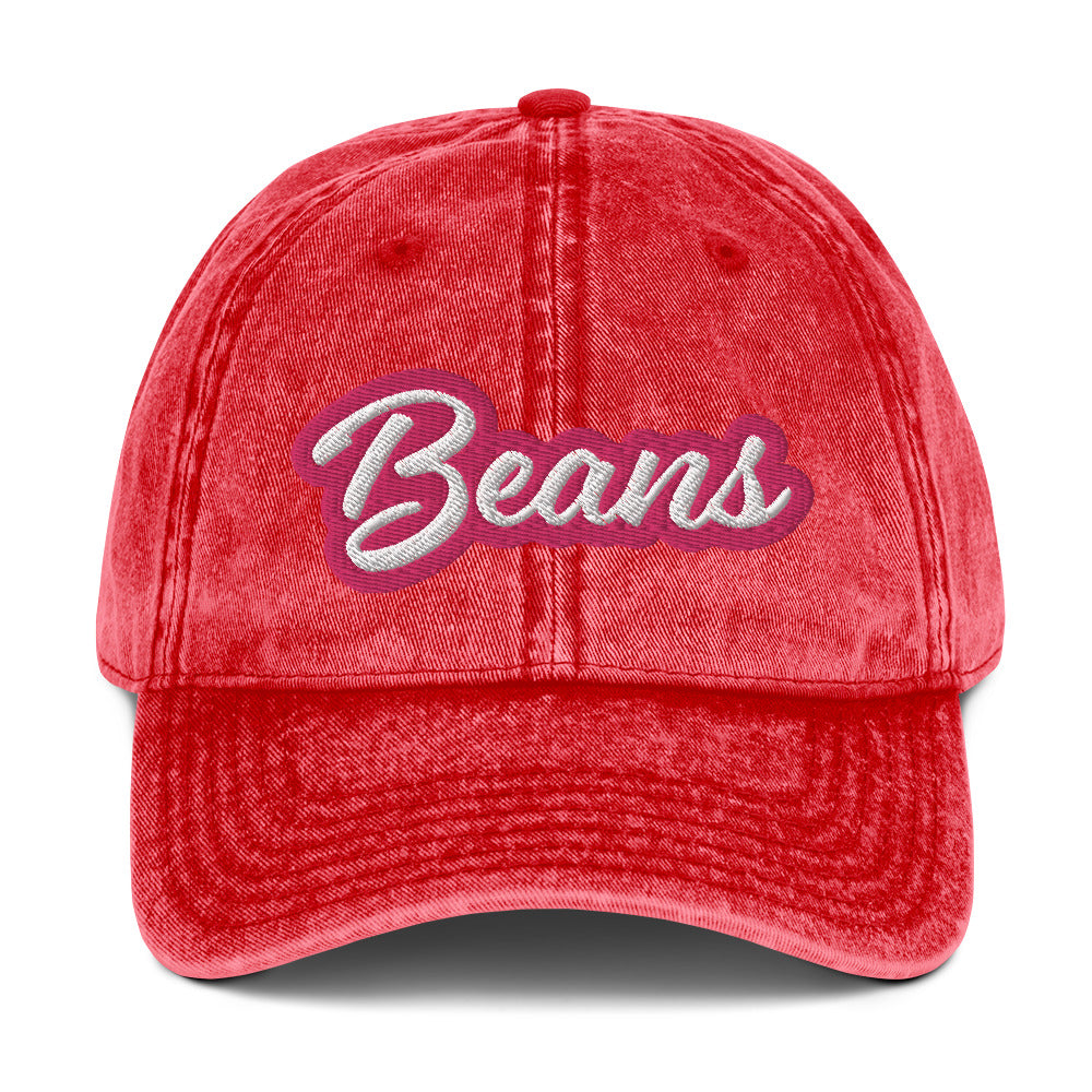 Red beans hat embroidered in pink and white - This Beans dad hat is comfortable, adjustable and is made just for you. It's a classic unstructured hat with the word "Beans" embroidered on the front in pink and white. This vintage-style bean enthusiast dad hat for foodies and bean lovers. It comes in a variety of stylish faded colors and is the perfect weird gift.