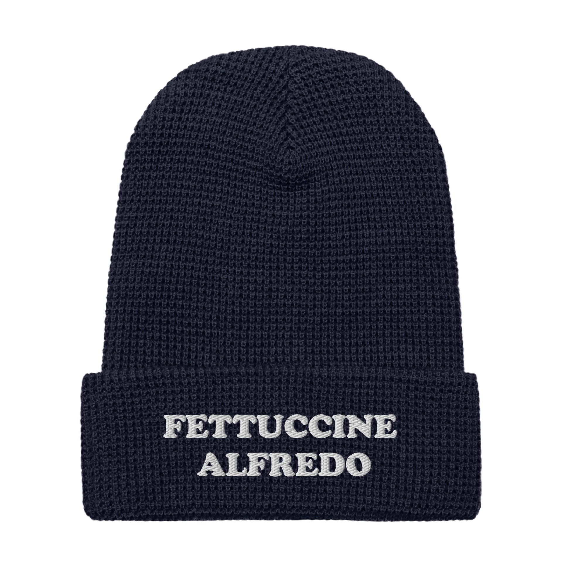 Navy Fettuccine Alfredo Beanie from Nina's Funky Shop by ninanush - Love Fettuccine Alfredo? Looking for a gift for your favorite pasta enthusiast? Introducing our warm and comfortable, Fettuccine Alfredo Beanie. It comes in a variety of colors with "Fettuccine Alfredo", expertly embroidered on the front. The perfect funny hat for pasta lovers, fettuccine Alfredo enthusiasts and foodies of all kinds.