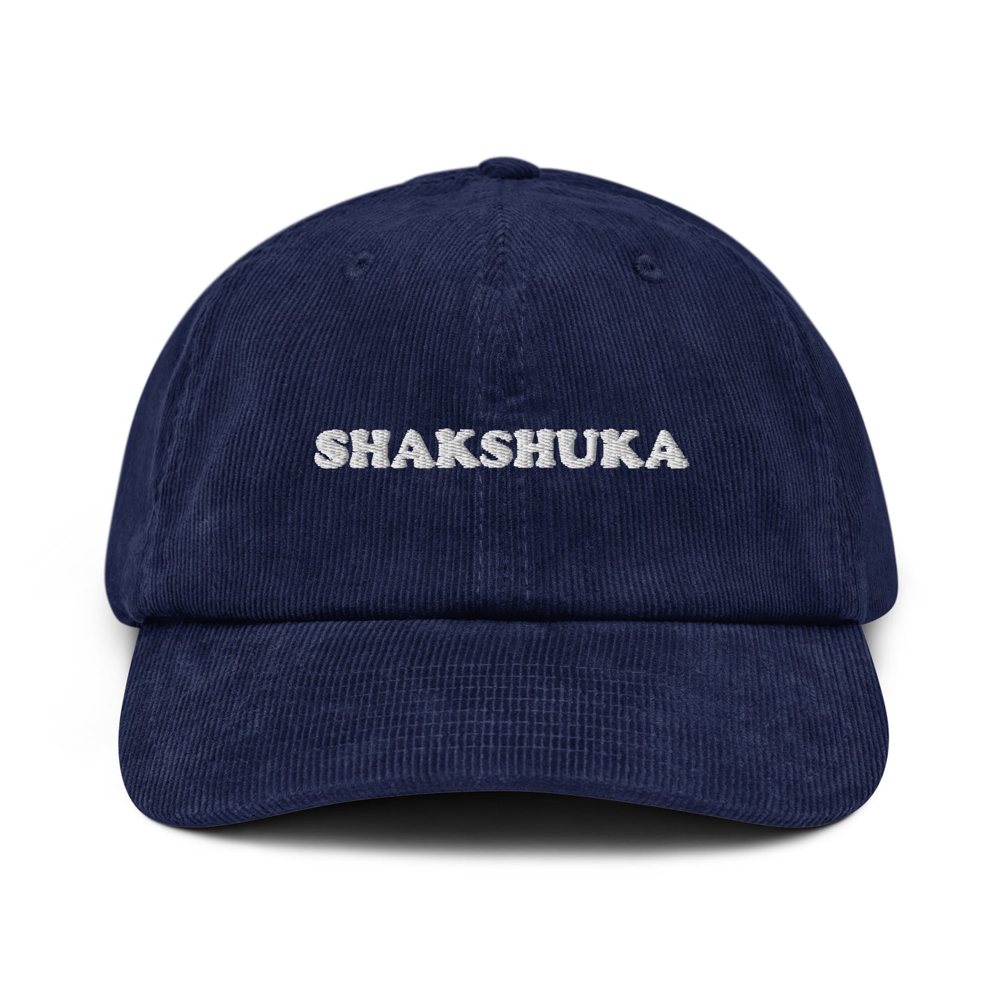 Blue corduroy hat with white embroidery - This shakshuka hat is a comfortable and unique hat for foodies and shakshuka enthusiasts. It's a funky foodie hat that's made of 100% cotton corduroy and exactly what every shakshuka lover needs. Celebrate your favs and give this corduroy dad hat as weird gift for foodies or wear it to your next shakshuka breakfast. 